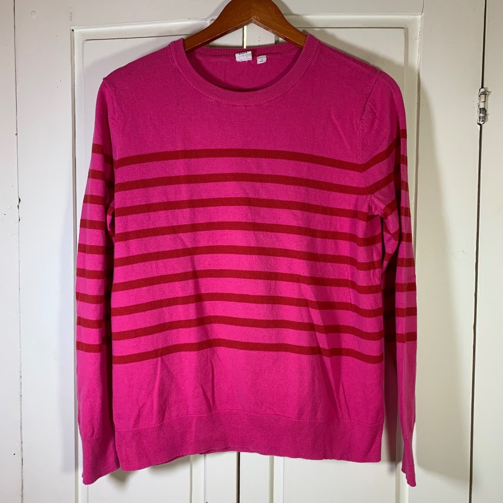 Gap Womens Pink Red Striped Cotton Crewneck Sweater L Preppy Maximalism Bright‎